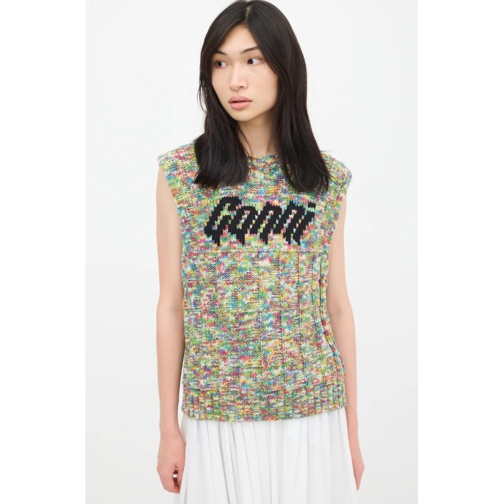 Ganni Logo Sweater Vest Multicolor Space Dye Chunky Knit Organic Cotton NEW L